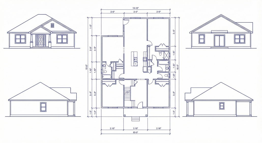 TWE Residential Blueprints – Floor Plan and Elevations – 2560×1396 Residential floor plan and exterior elevation drawings with dimensions