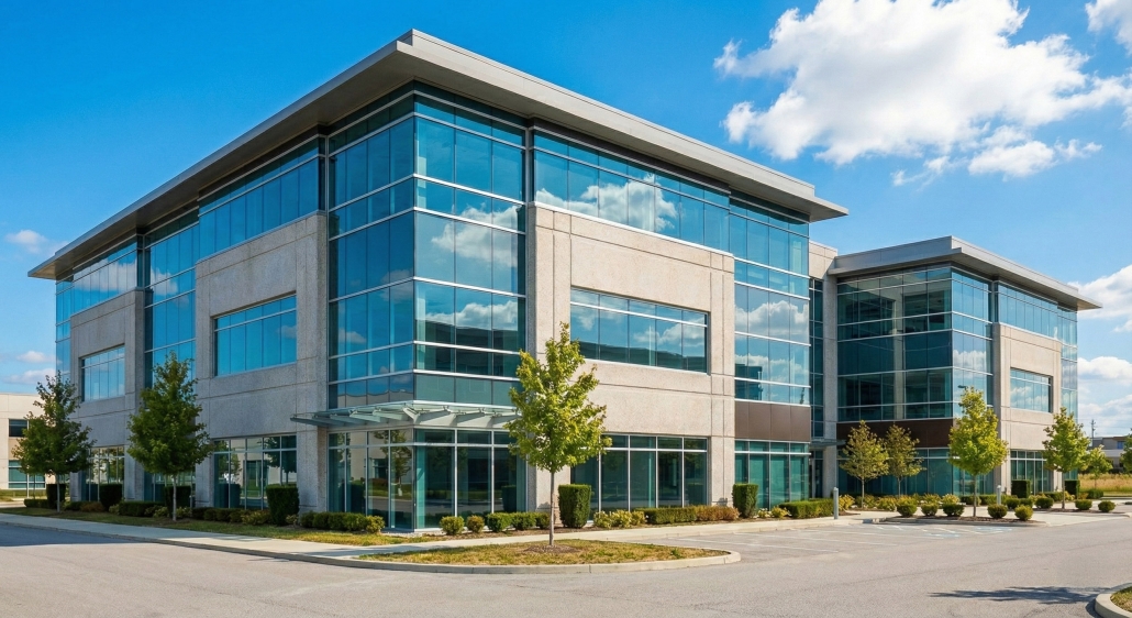 TWE Commercial – Office Building – 2560×1396 Modern commercial office building with glass façade and landscaped grounds
