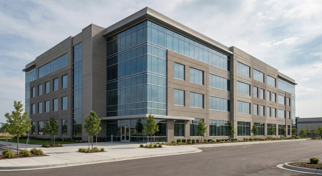TWE Commercial – Office Building – 2560×1396 Modern commercial office building with glass façade and landscaped grounds