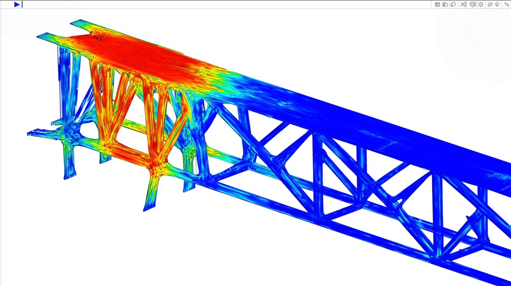 TWE Fatigue Analysis – Cyclic Stress Distribution – 2560×1440 Fatigue analysis visualization showing cyclic stress distribution on a structural truss component
