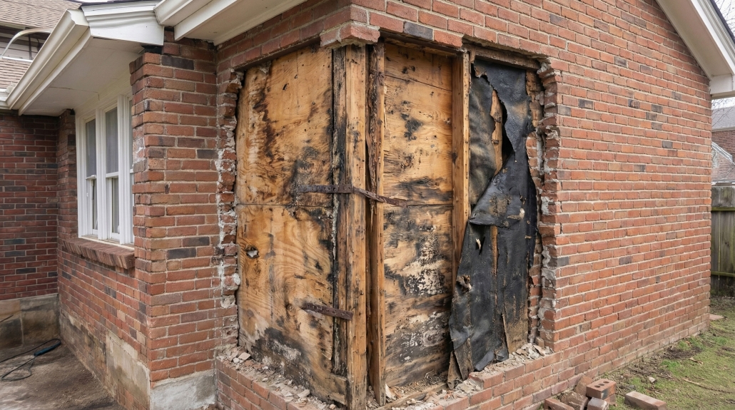 TWE Forensic Inspection – Exterior Wall Exposure – 2560×1429-8 Exterior brick wall opening with removed cladding and exposed wood sheathing