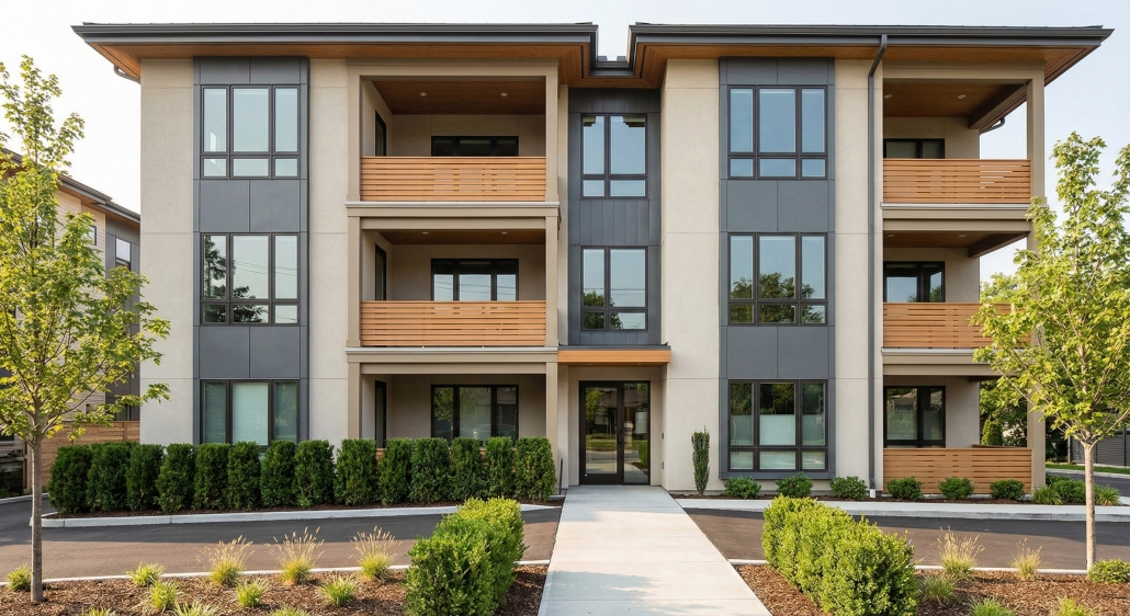 TWE Residential – Multi-Family Building – 2560×1396 Modern multi-family apartment building with balconies and landscaped entry walkway