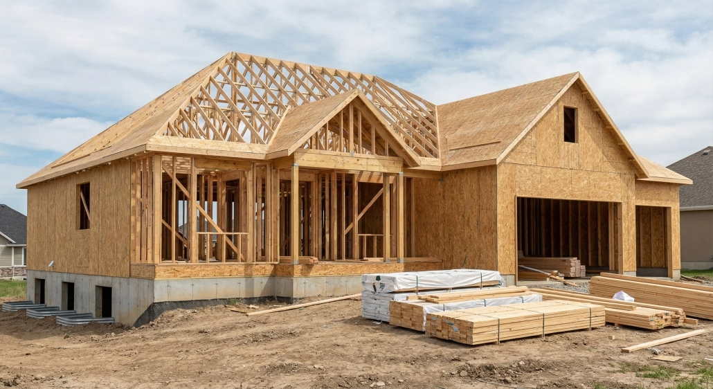 TWE Residential – New Construction – 2560×1396-5 Single-family home under construction with exposed wood framing and roof trusses