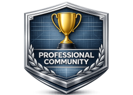 Professional community emblem featuring a trophy within a shield, representing industry recognition and professional standards