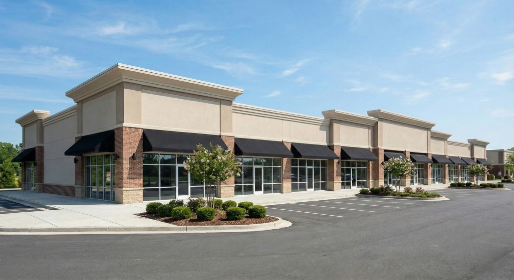 TWE Commercial – Strip Mall / Retail – 2560×1396 Single-story commercial strip mall with multiple retail storefronts and parking area